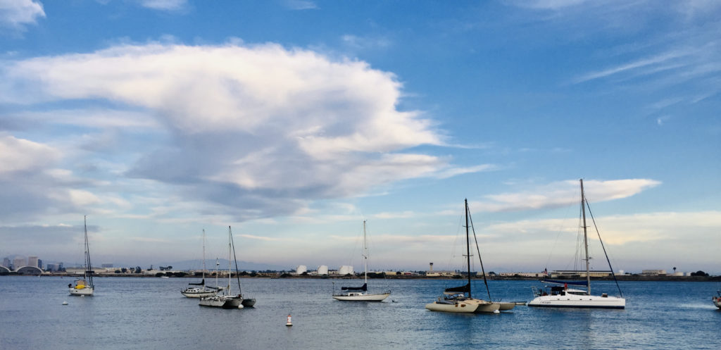 Sailboats anchored in bay near San Diego, CA.